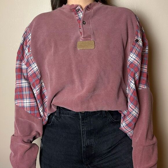 Vintage Reworked Upcycled Wrangler Long Sleeve Two Tone Henley Flannel Shirt Top - Picture 1 of 4